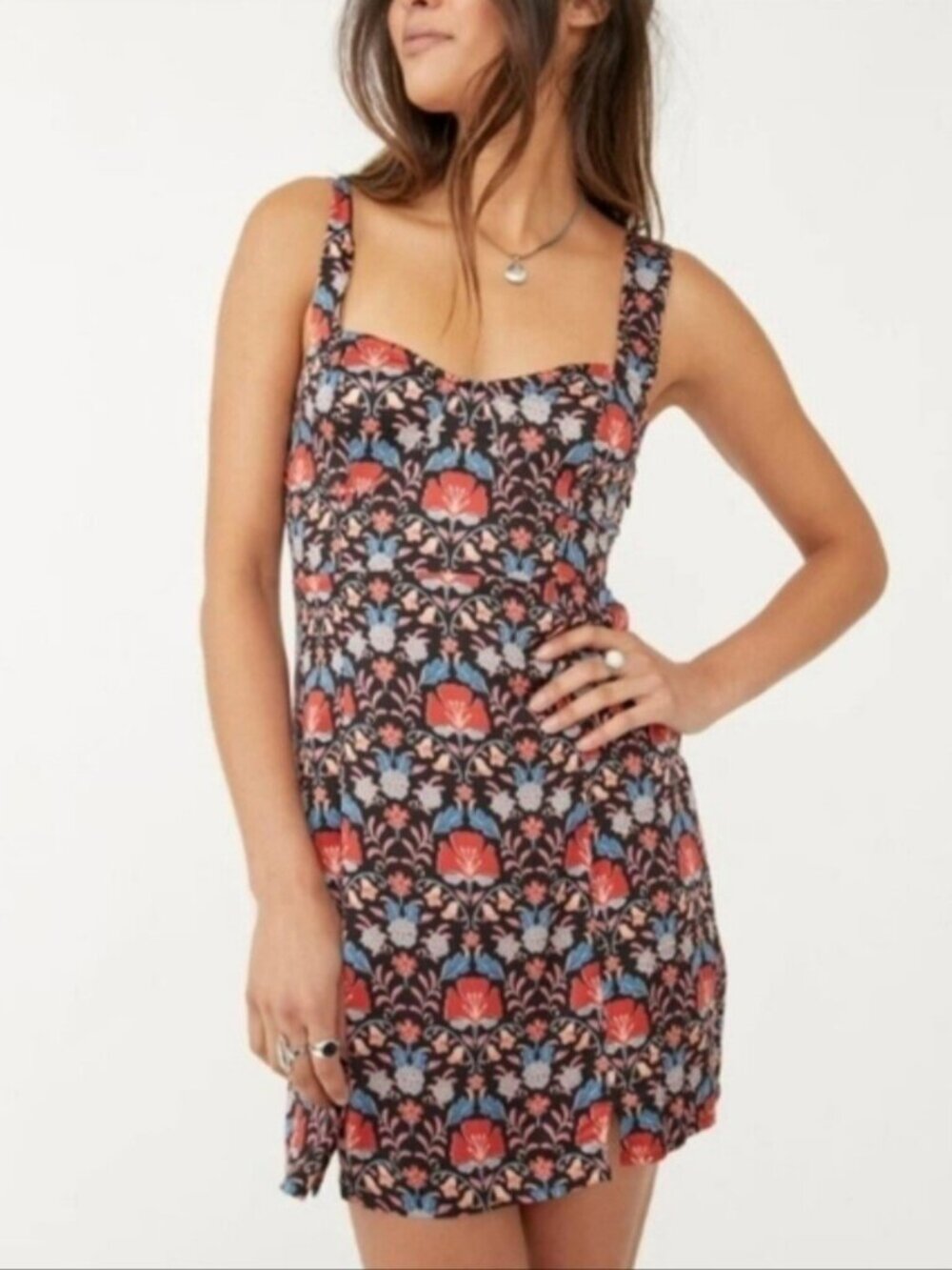 Free People Sasha Mini Dress HALTER TIE Black Combo Art Nouveau Floral Print Med